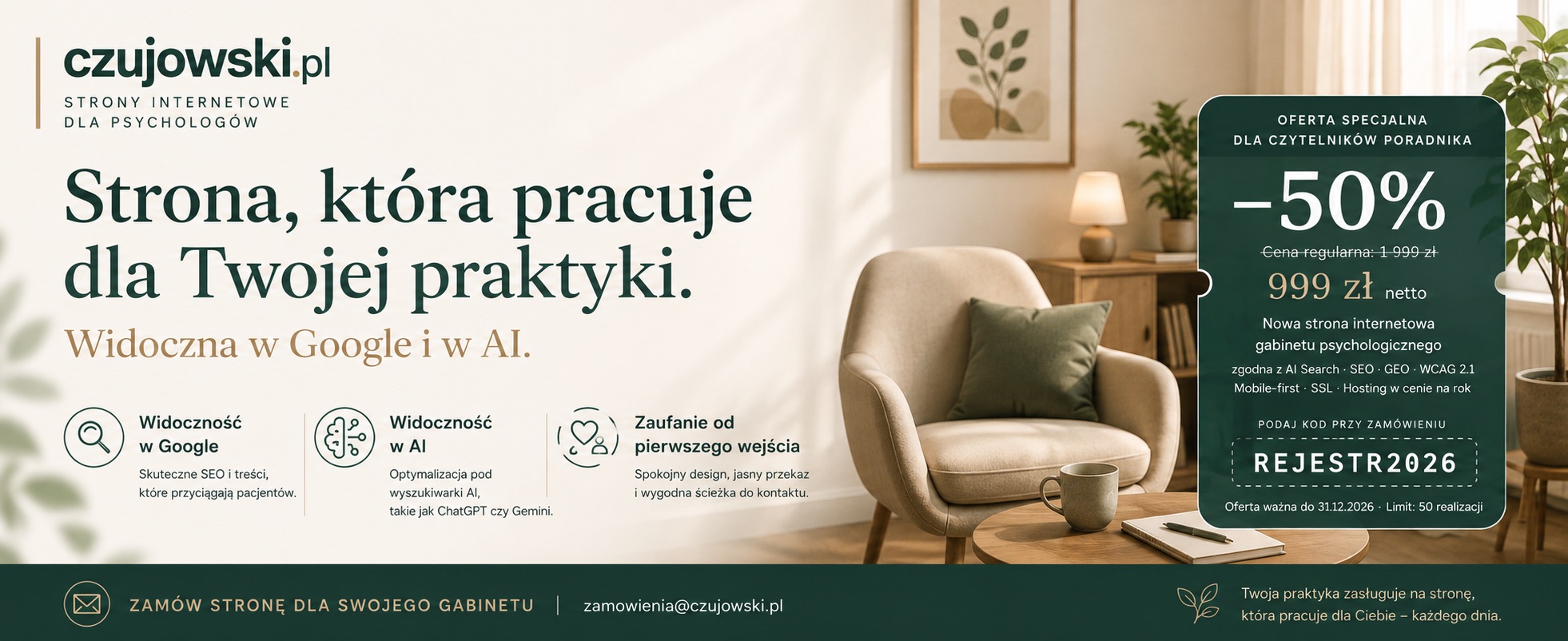 czujowski.pl - strony internetowe dla psychologów. Oferta specjalna dla czytelników poradnika: −50%, kod REJESTR2026